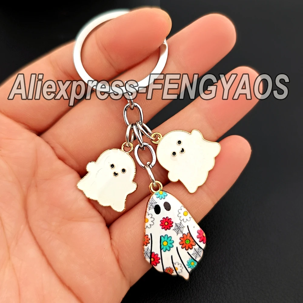 New Metal Colorful Ghost Keychains for Women Beautiful Sugar Skull Key Chains Pendant Gift for Halloween Day