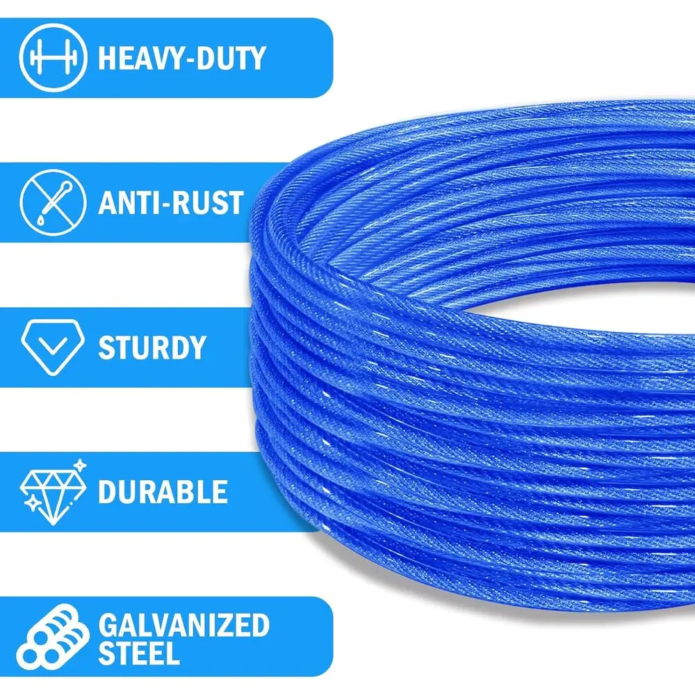 Heavy-Duty 40ft Outdoor Clothesline with Blue PVC Coating, Metal Hooks, and Retractor for Drying Clothes, Ideal for Camping, Bac