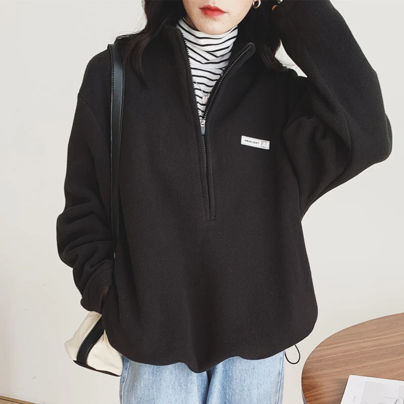 Autumn Women Warm Fleece Pullover Fashion Loose Korean Plus Velvet Sweatshirt Winter Solid Zipper Stand Collar All Match Jacket