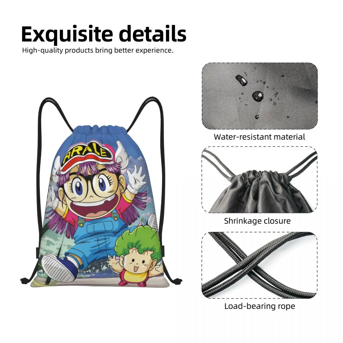 Custom Arale Norimaki And Gatchan Drawstring Bags Women Men Portable Sports Gym Sackpack Dr Slump Anime Shopping Backpacks