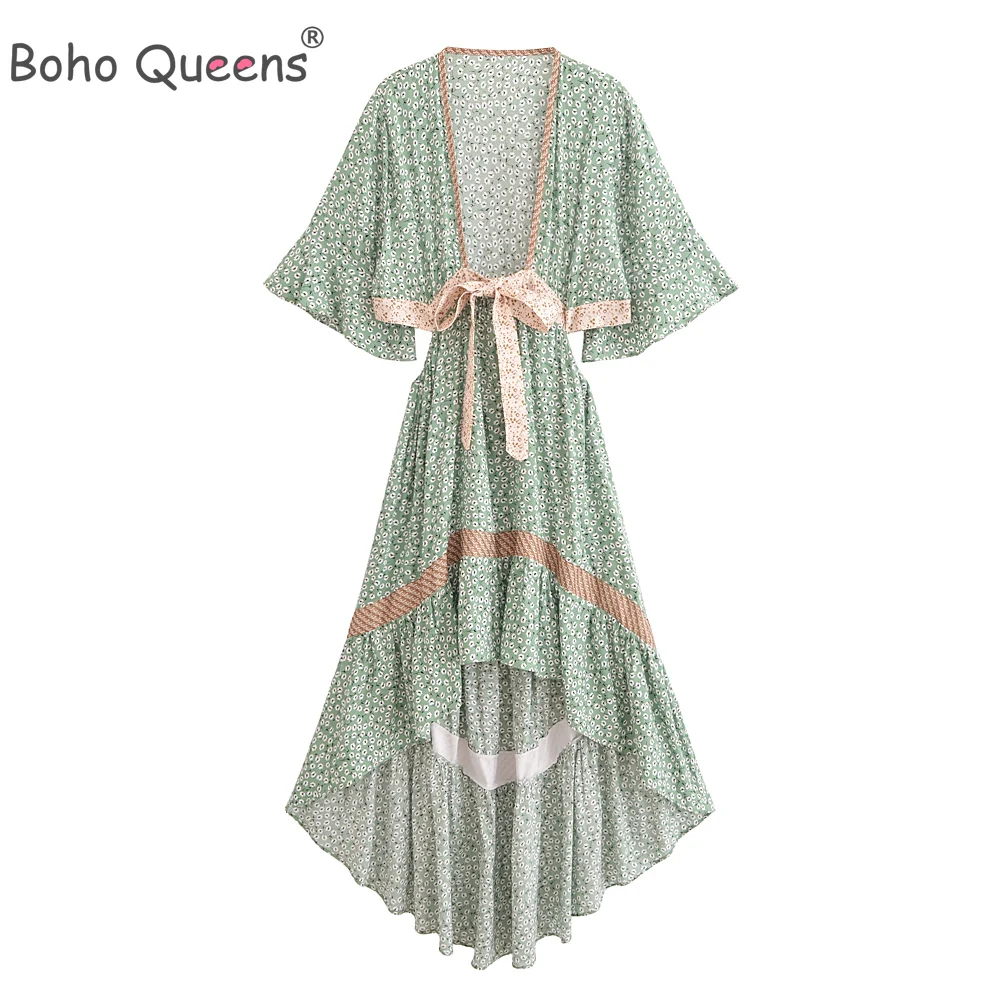 Boho Queens  Women Hollow Out Sexy Beach Dress Bohemian Lady Short Sleeve High-Low Rayon Summer Boho Dresses Robe