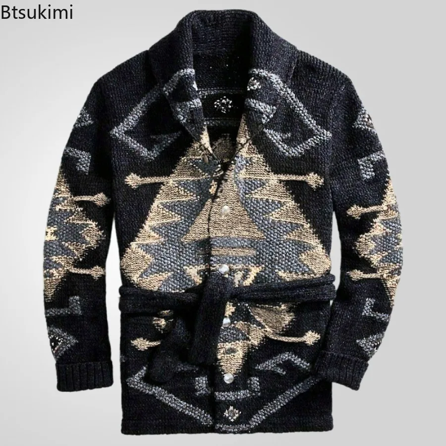 Winter New Men Thickened Sweater Cardigan Mid-length Retro Heavy-duty Jacquard Sweater Men's Knit Cardigan Lace-up Sweater Coats