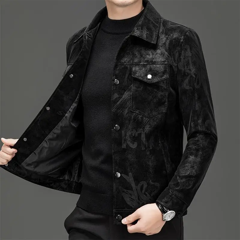 Men's Printed Leather Jacket Casual Single Lapel Autumn Fashion Five Sleeve-Length Other Material Unbranded JD173183710563543...