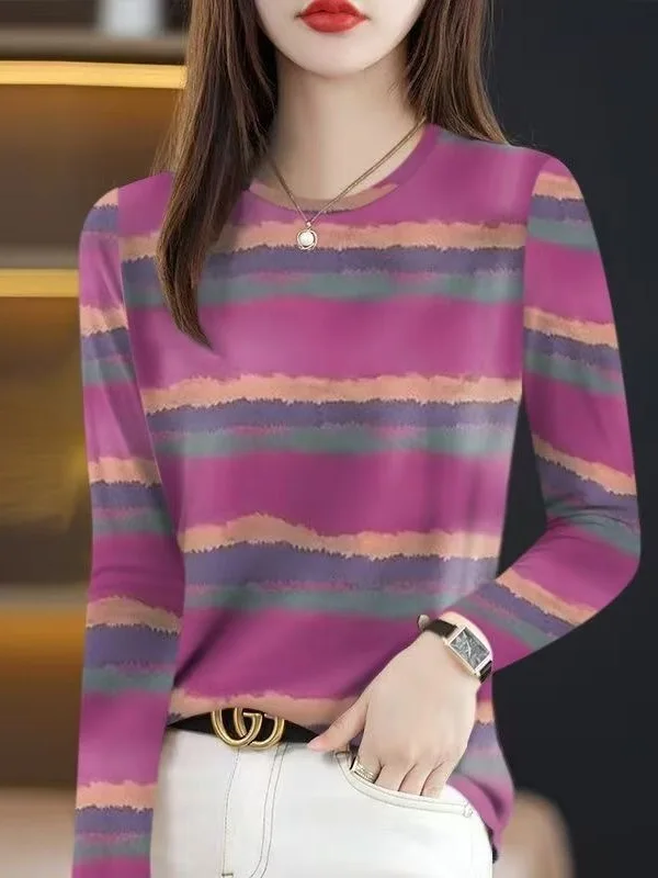 

Fashionable Striped Long Sleeve T-Shirt Women's round Neck Slimming Design Large Size Mommy's Top Casual Wear Polyester Fiber