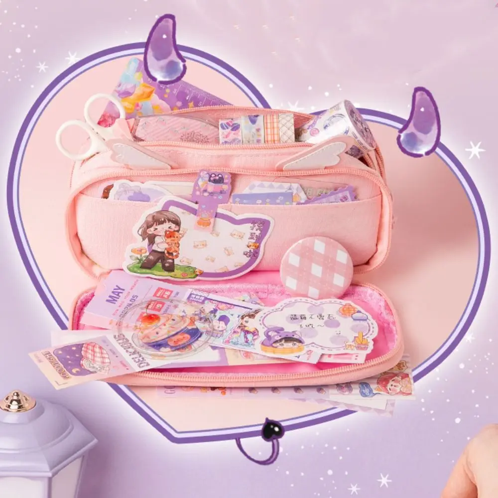 Large Capacity Angel Pencil Cases Waterproof Smooth Zipper Angel Pencil Bag Pink/Purple Three Layers Angel Pen Box