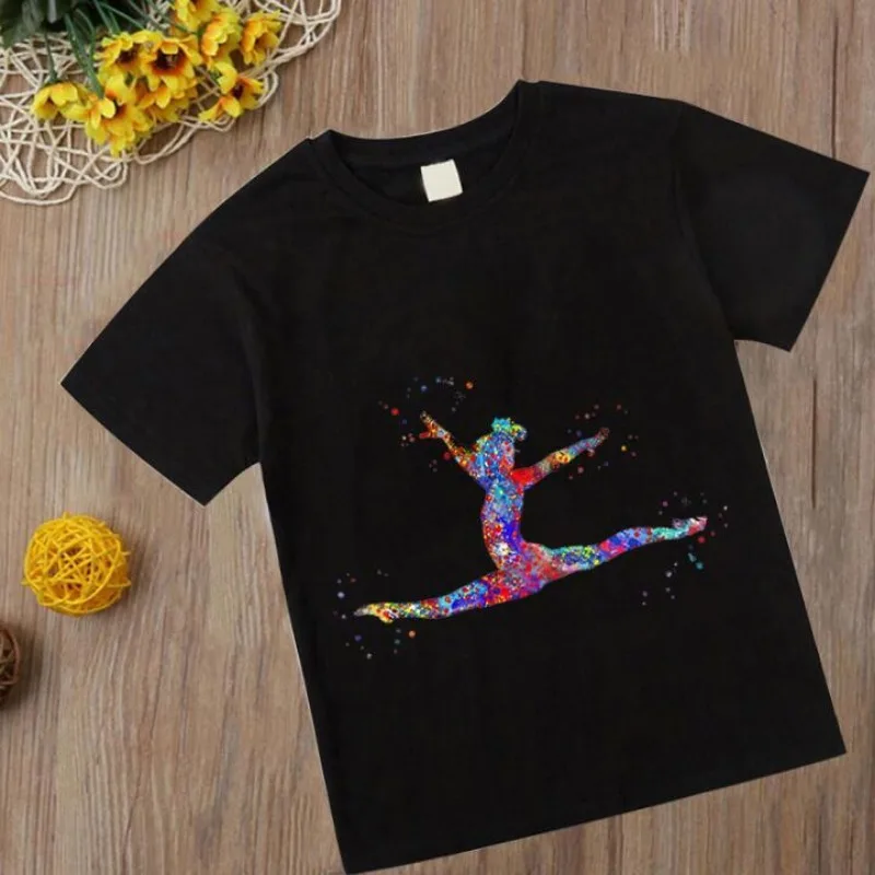 Watercolor Gymnastics T Shirt 2023 Kids Girl Tshirt Gymnastics Art Top Tee Fashion Children ClothesBlack T-shirts Clothes Tee