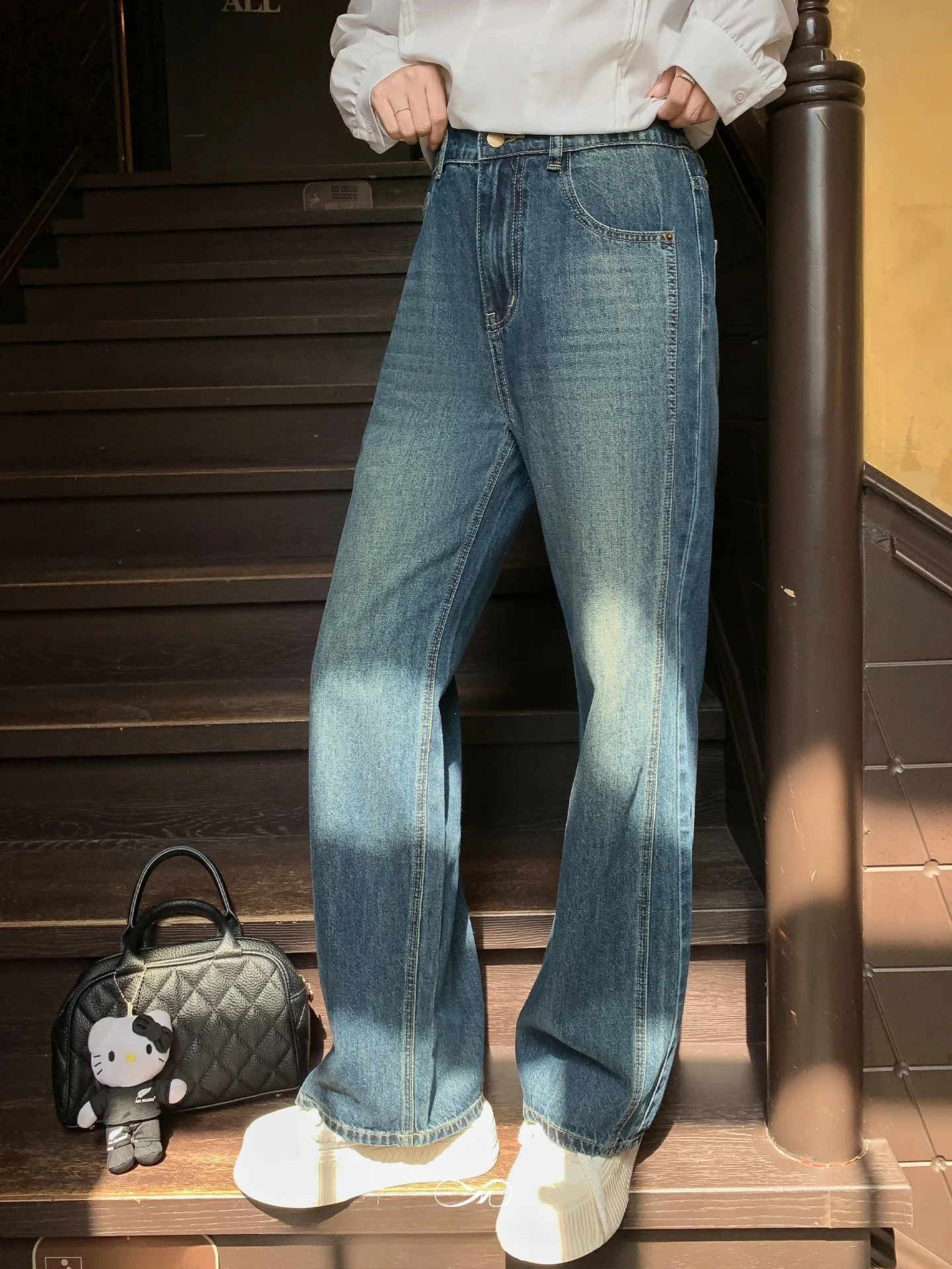 

Женские джинсы Maxixe больших размеров, ретро-стиль, синие, широкие, повседневные, свободные, прямого кроя, с эффектом похудения, осенние, с высокой талией, из хлопка