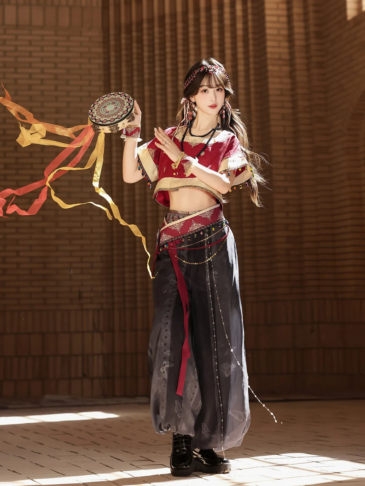 Women Bohemian Ethnic Costume Retro Crop Top Harem Pants Tassel Outfit for Photoshoot Stage Halloween
