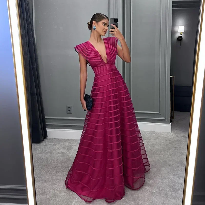 Customized Fashion A-line Floor-Length Women Formal Evening Dresses V Neck Backless Wedding Guest Prom Gowns for Birthday Party