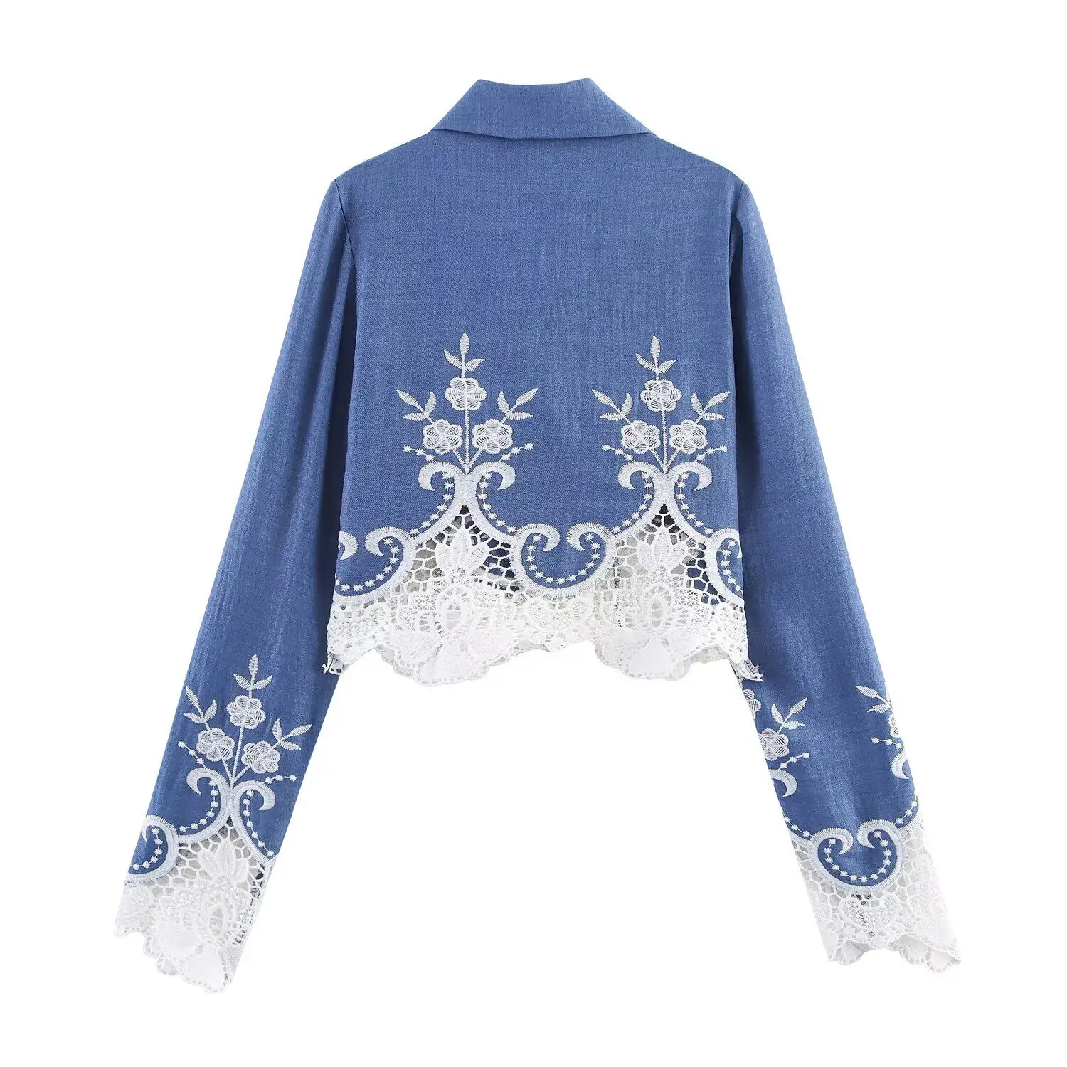 Hollow Embroidery Women' Suit Jacket 2026 Autumn Long Sleeve Notched Streetwear Coats American Style Blue Office Lady Tops