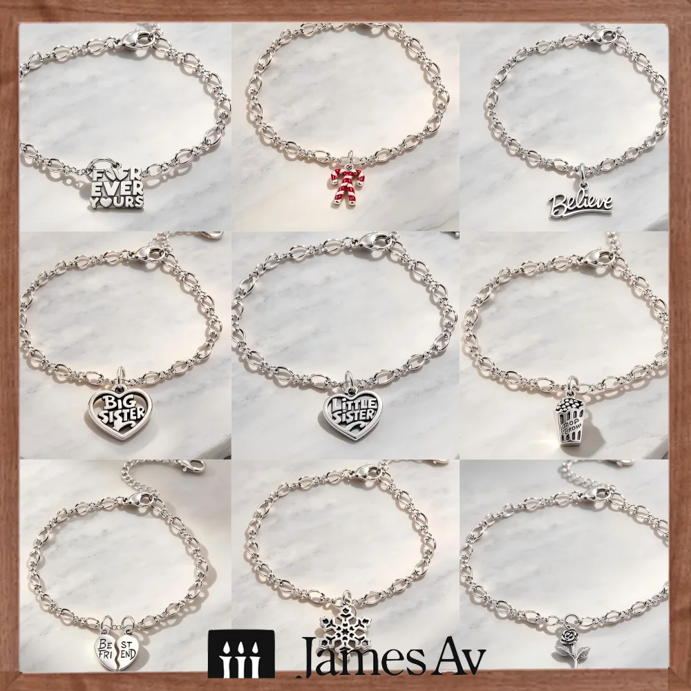 2027 New S925 Silver Vintage Oxidized Charm Bracelet Forever Yours Believe Sister Snowflake Popcorn Rose Pendant Jewelry Gift