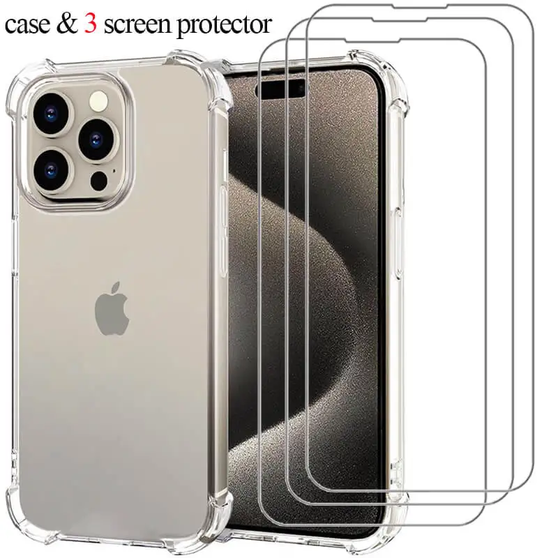 Vetro temperato + custodia antiurto per iPhone 15 Pro Cover in Silicone per iphone 15 12 13 14 pro max custodia trasparente iphone 15 pro max case