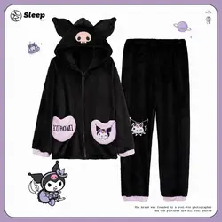 New Sanrio Kuromi Pochacco Flannel Pajamas For Women Autumn Winter Coral Fleece Home Pajamas Two-piece Suit Girls Xmas Gifts