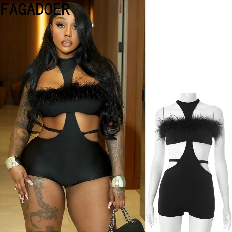 

FAGADOER Summer Sexy Fur Patchwork Bodycon Rompers Women Hollow Out Halter Backless Bandage Jumpsuits Female Streetwear Overalls