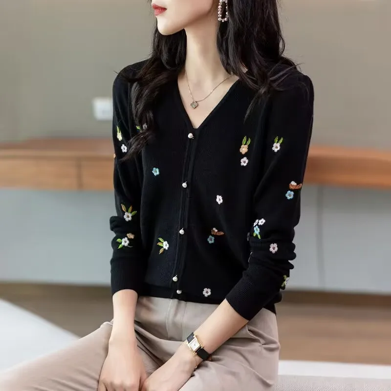 Womens Knitted Cardigan Embroidered Flower Sweater