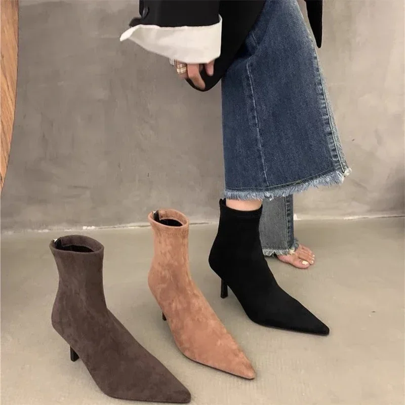 Luxury Women Ankle Boots Sexy Pointed Toe Heels Autumn New Suede Shoes 2024 Winter Warm Fashion Snow Botas Mujer Party Pumps