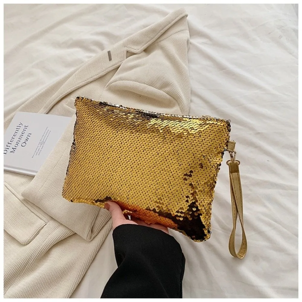 Portable Shiny Sequins Cosmetic Bag Multifunctional with Zipper Storage Bag Leather Polyester Makeup Bag Women