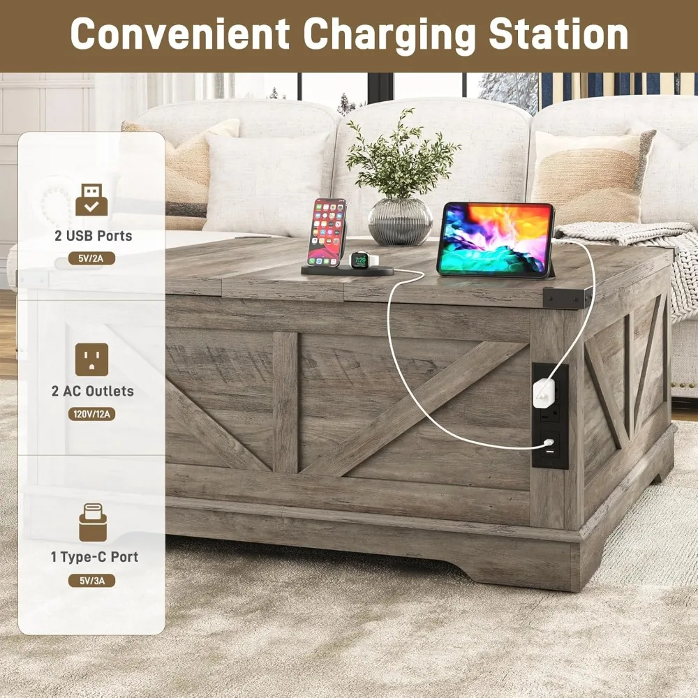40” Large Farmhouse Lift Top Coffee Table with Power Outlets and Large Hidden Storage, Square Wood Living Room Tables, Multi-Fun