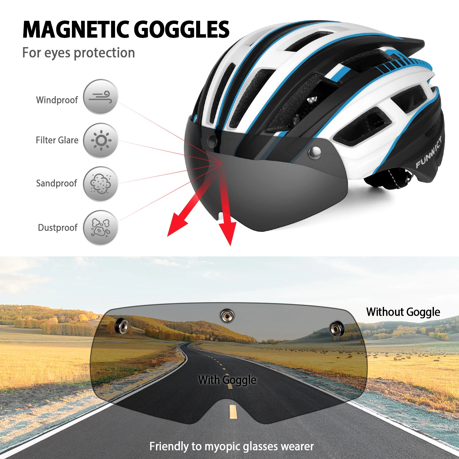 FUNWICT Bicycle Helmet for Men Women Magnetic Goggles Lens Sun Visor LED Rear Light Cycling Safety MTB Road Scooter Bike Helmet