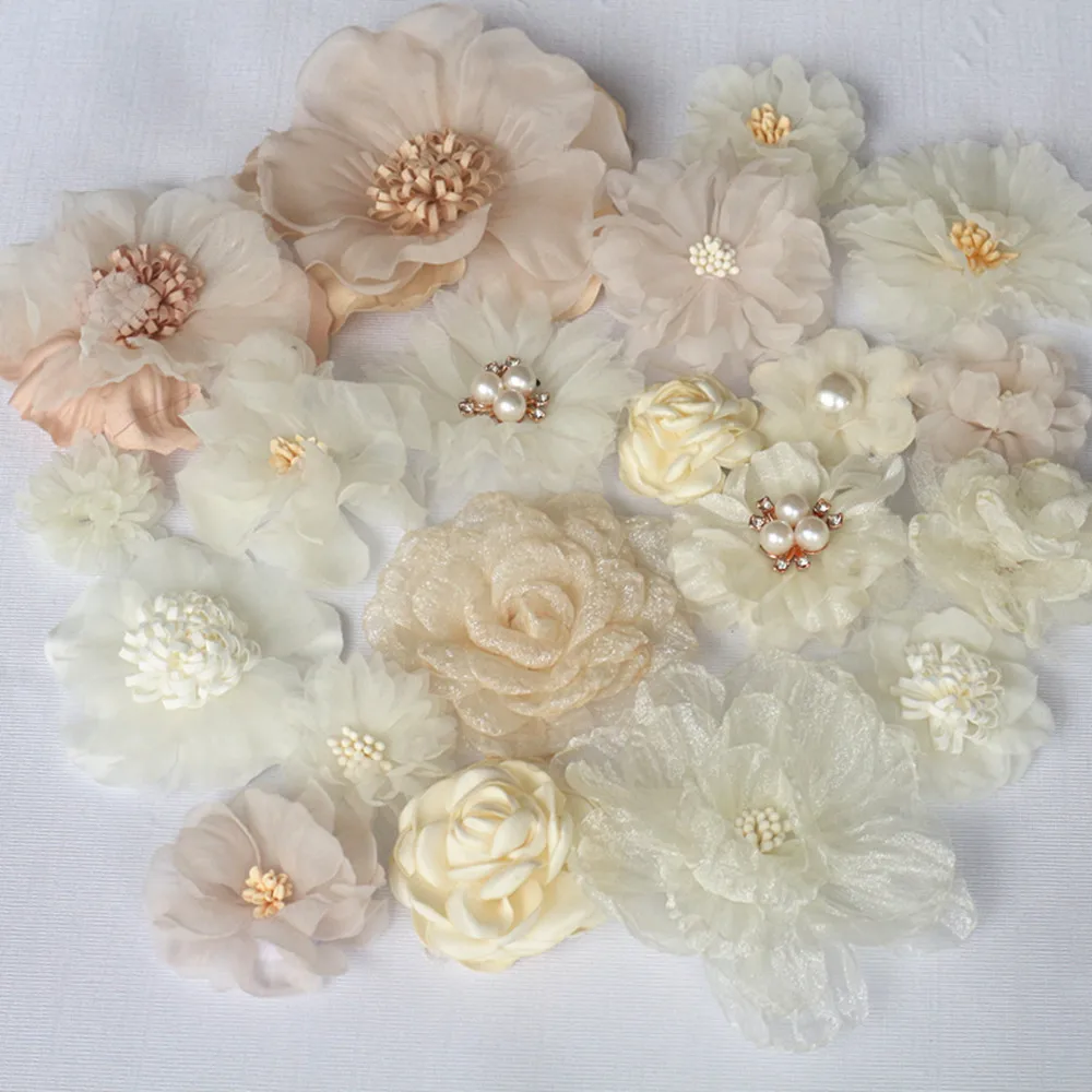 20Pcs Set Beige Series Mix 20 Styles Chiffon Organza Fabric Rose Flowers Wedding Dress Girls Clothing Headwear Decoration DIY