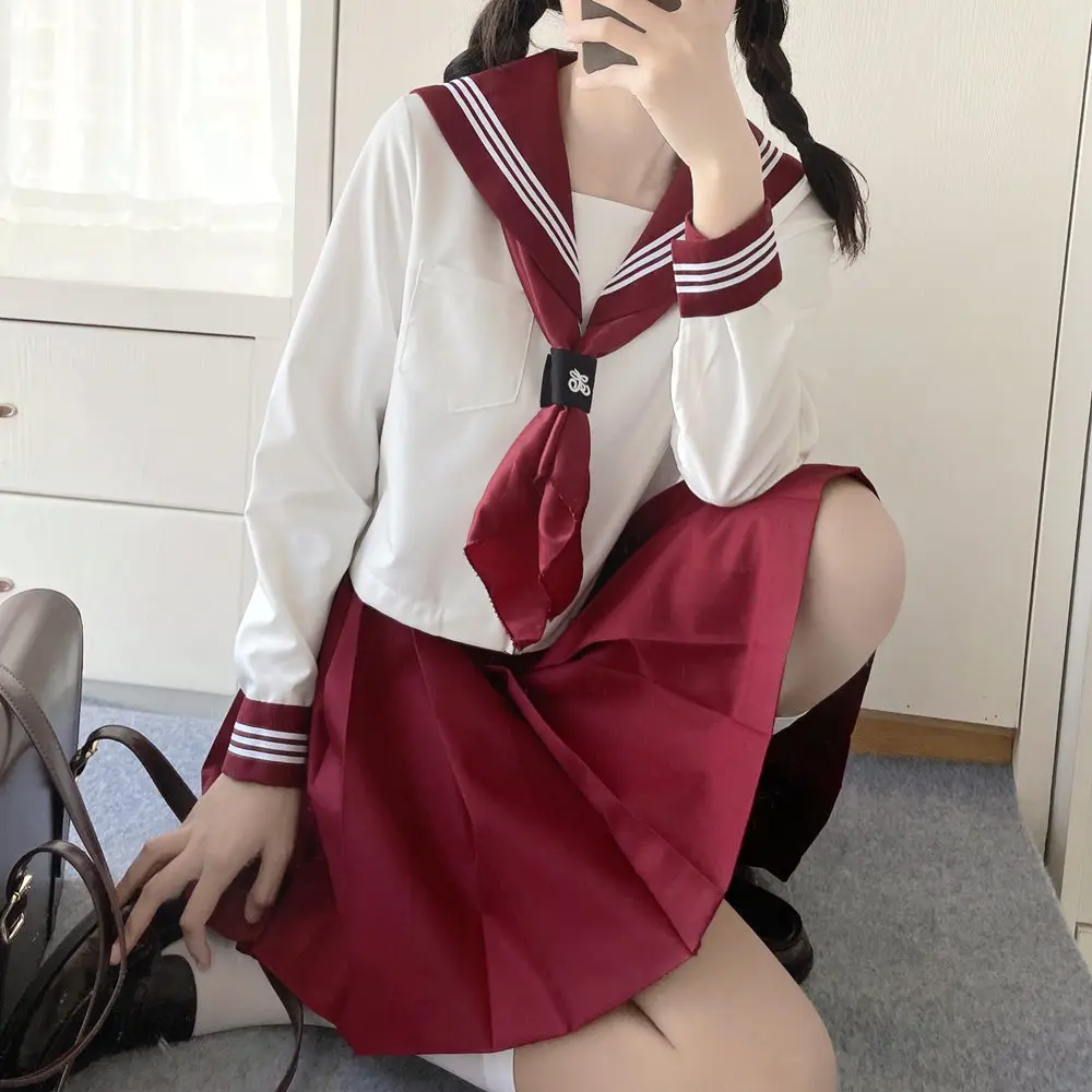 Frühling Herbst Langarm JK Uniform Wein rot drei Linien Matrosen Anzug Mädchen Falten rock Set Schule Outfits Anime Cos Kostüme