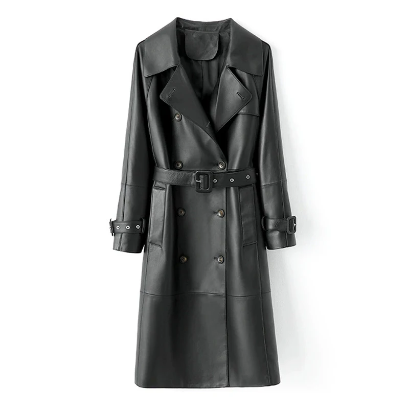 M-2XL Fashion Black Long Sheepskin Trench Coats 2025 New Women's Chic Double-breasted Lace-up Blet Real Leather Trench Jackets