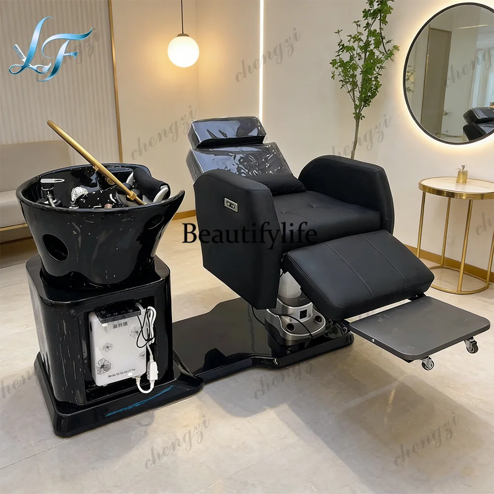 Electric Adjustable Shampoo Chair With High Grade Ceramic Basin Durable Synthetic Leather Multifunctional