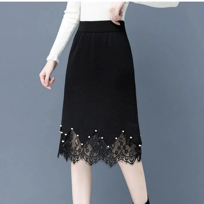 Autumn Winter Solid Color Fashion Elastic Waist A-line Skirt Women High Street Casual Loose Lace Patchwork Thicken Hip Wrap Skir