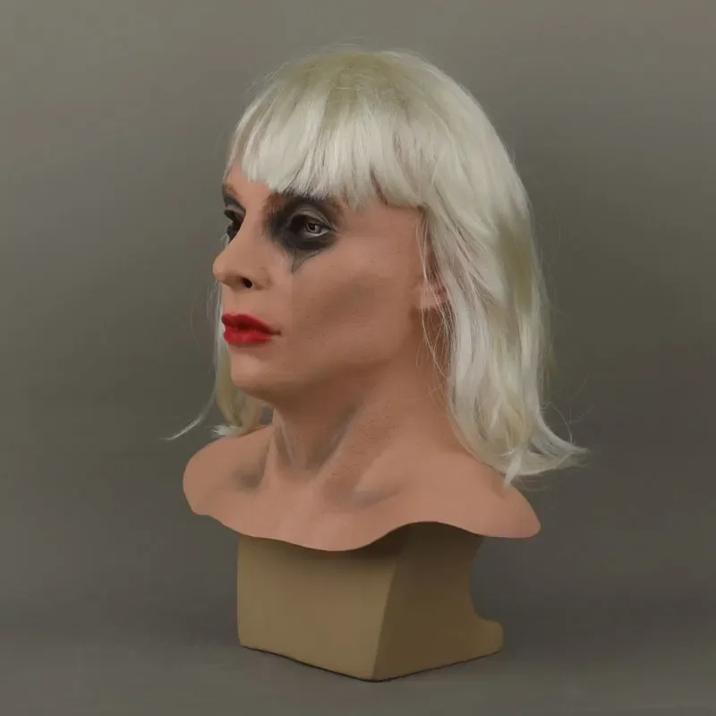 Maschera Joker raccapricciante per donna Casco da clown in lattice con parrucca Puntelli per costumi da festa spaventosi Maschera di carnevale di Halloween in maschera cosplay