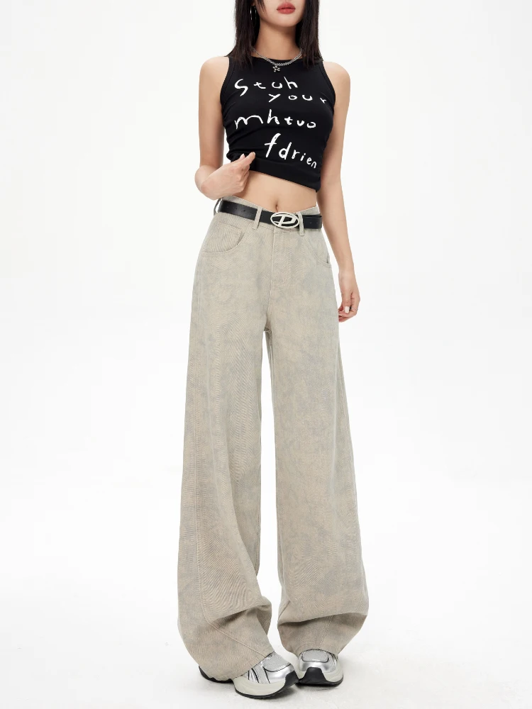 American Style Slim Straight Jeans Women's New 2026 Autumn Dyed Print Small Design Vintage Wide Leg Denim Jeans Casual Wear