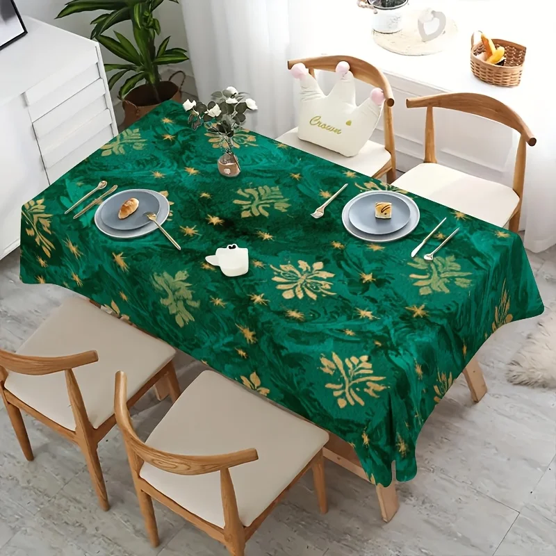 Vintage Green Floral Table Cloth, Rich Emerald Base with Gold Antique Flower & Tiny Star Pattern, Waterproof Table Cover