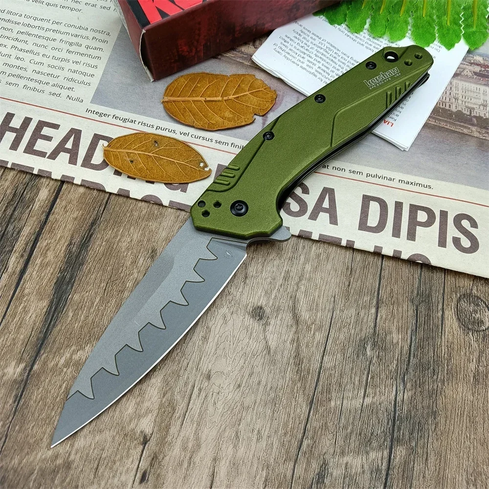 Auxiliary Fin Knife 1812OLCB, D2 Blade Olive Aluminum Handle Tactical Hunting Knife EDC Knife, Suitable for Camping, Hiking