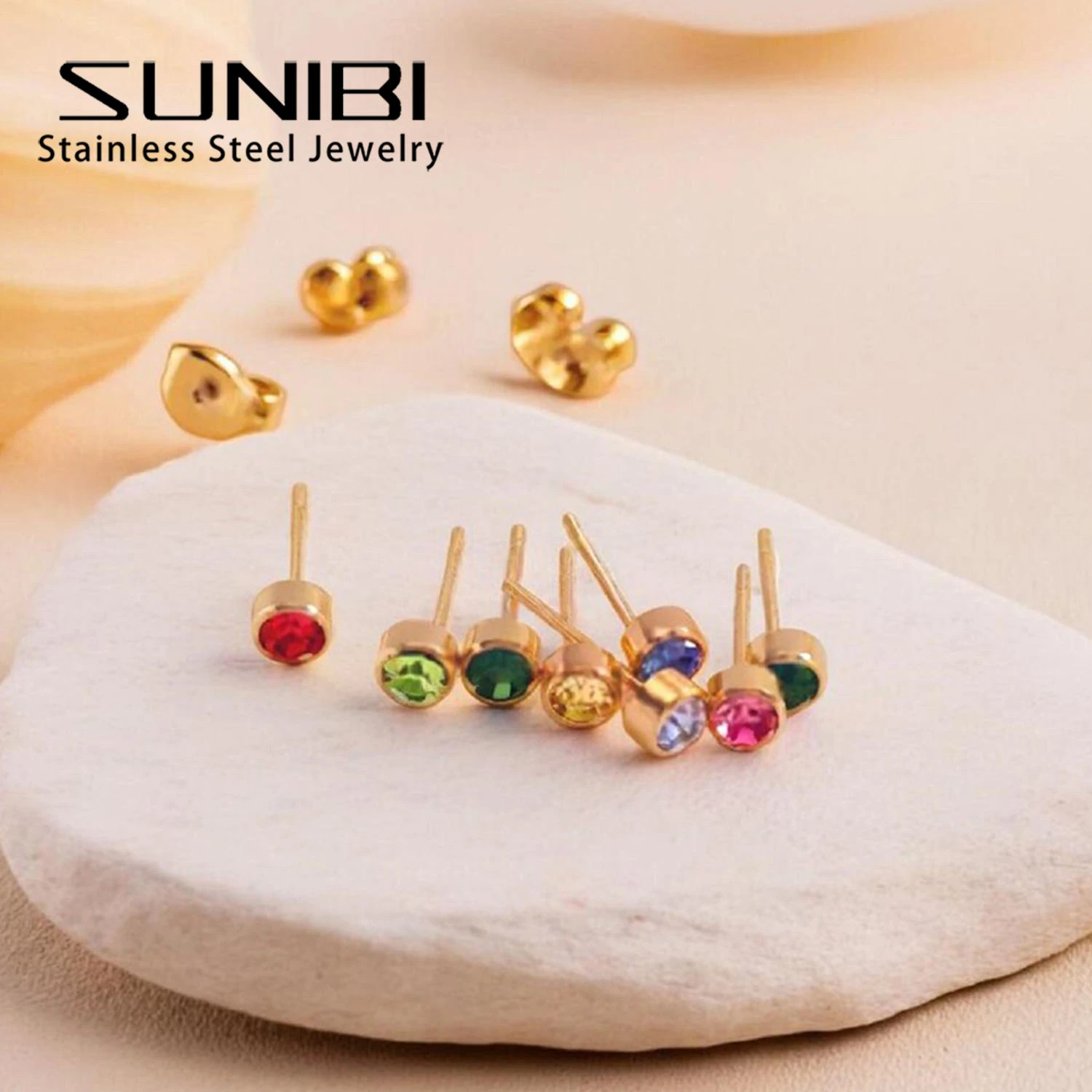 316 Stainless Steel Birthstone Earrings Pierced Gold Color Push-Pull Earrings Simple Fashion Ladies Holiday Party Gift Wholesale