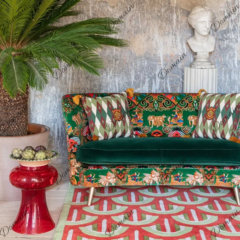 American retro printed velvet double sofa French idyllic green versatile living room furniture triple high backrest
