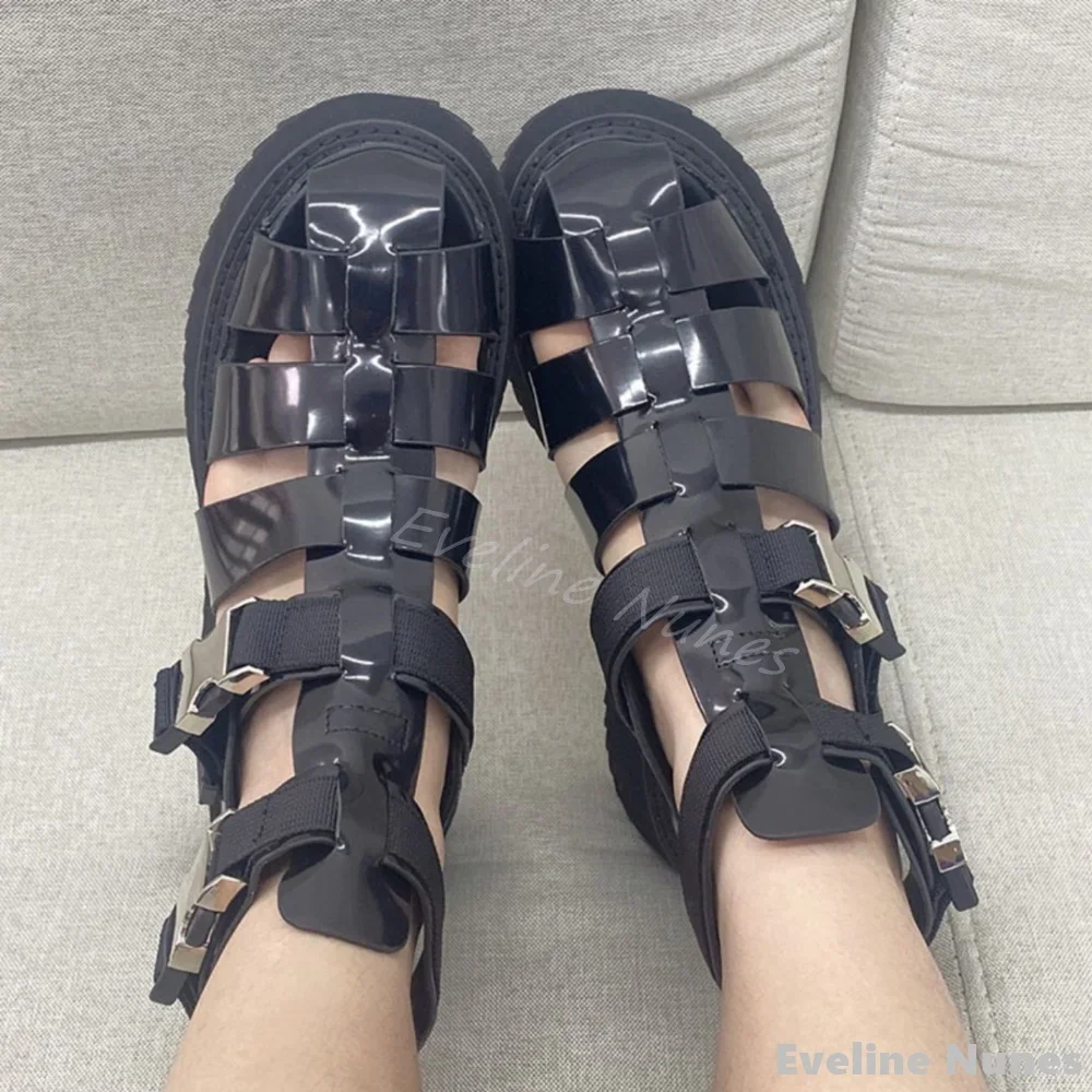 Silver Patent Leather Hollow casual Sandals Women Round Toe Platform Buckle Strap Sandals Summer Fashion Gladiator Comfy Sandals