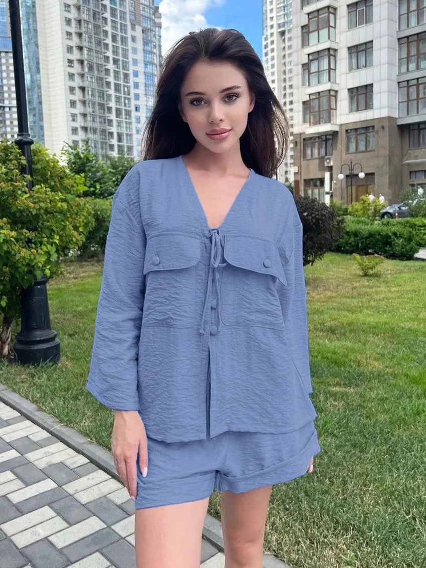 Marthaqiqi Casual Female Sleepwear Suit Long Sleeve Pajamas V-Neck Nightwear Lace Up Nightgowns Shorts Loose Women'S Nightie Set