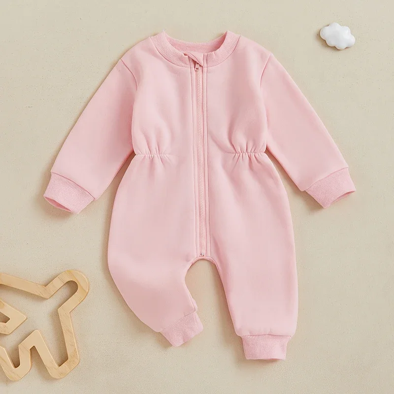 0-18 Months Newborn Baby Boys Girls Fleece Romper Solid Color Long Sleeve Zipper Front Full Length Jumpsuit