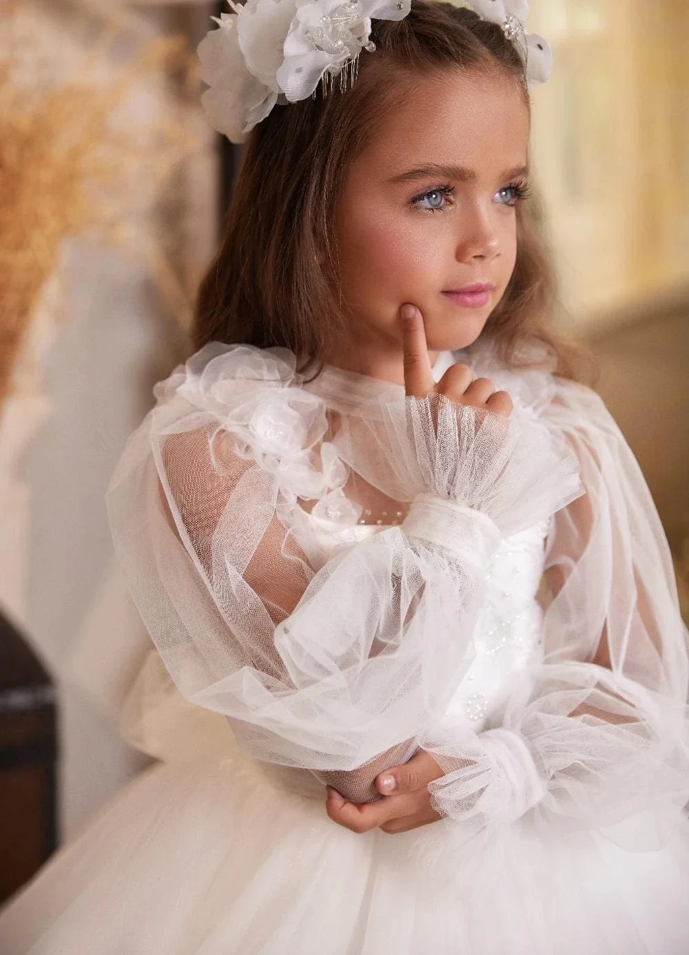 White Tulle Applique Puffy Lace Full Sleeve With Bow Flower Girl Dress For Wedding Child First Eucharistic Birthday Party Dress