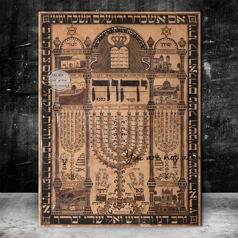 Retro Religion Shiviti Kabbalah Amulet Hebrew Talisman Art Poster Blessing Beliefs Canvas Painting Wall Print Picture Home Decor