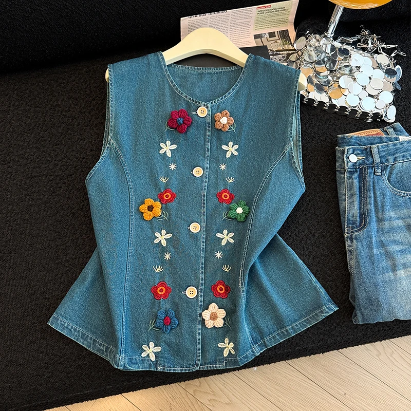 

Retro Light Blue Denim Jacket Women's Summer round Neck Embroidery Waist Cinching Sleeveless Vest Breathable Cotton Blend