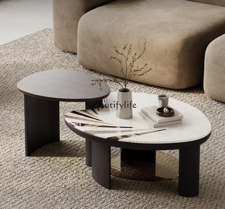 

Italian Minimalist Tea Table Combination Small Apartment Art Special-Shaped Solid Wood Marble
