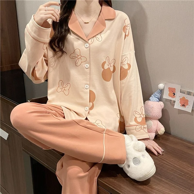 Long Sleeve Autumn Purified Cotton Pajamas Women's Korean-Style Simple Loose Sweet Dormitory Homewear Suit 2024 New Sleepwear