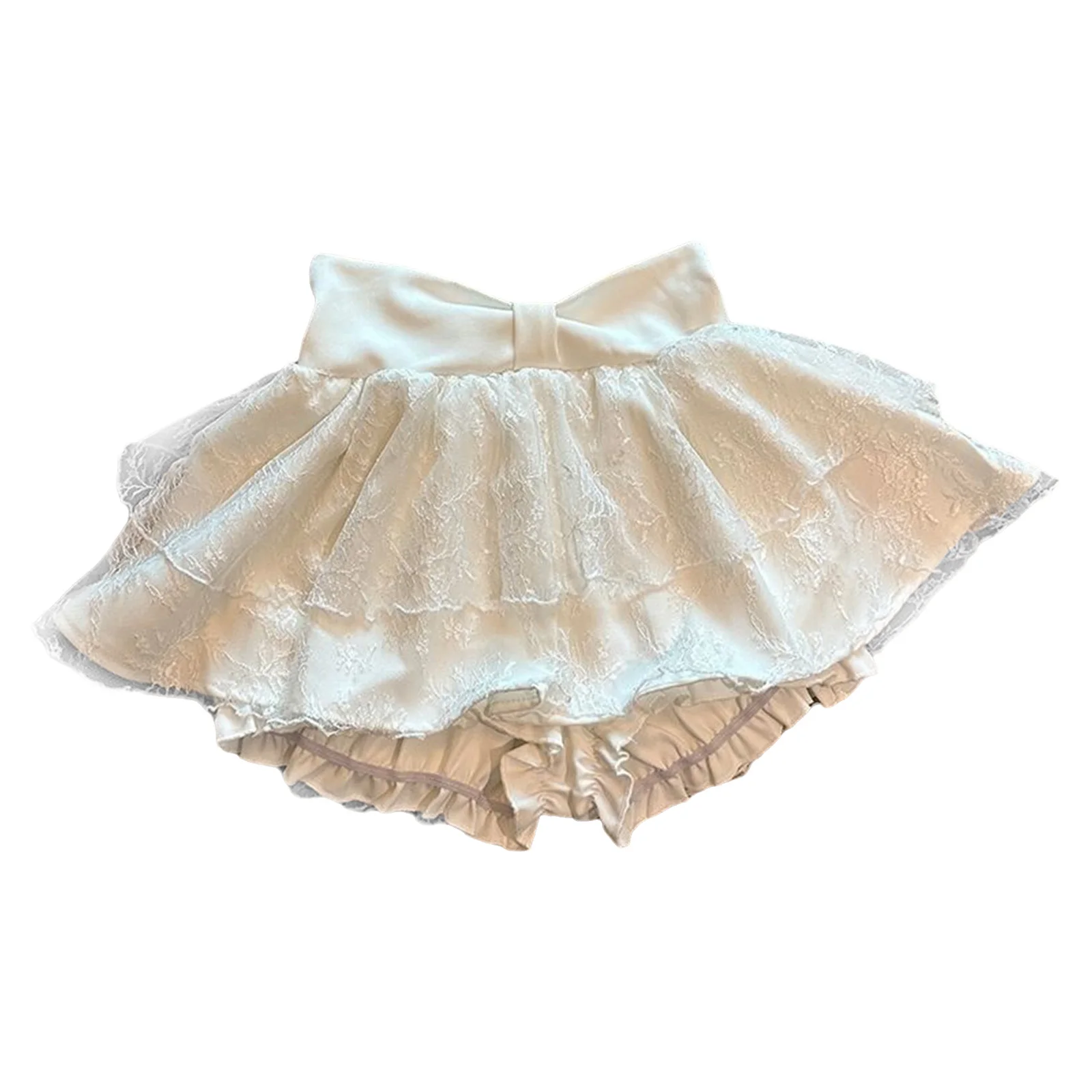 Women Cute Tiered Ruffled Lace Culottes Built-in Shorts Puff Bloomers Elastic High Waist Bow Waist Skort for Daily Streetwear