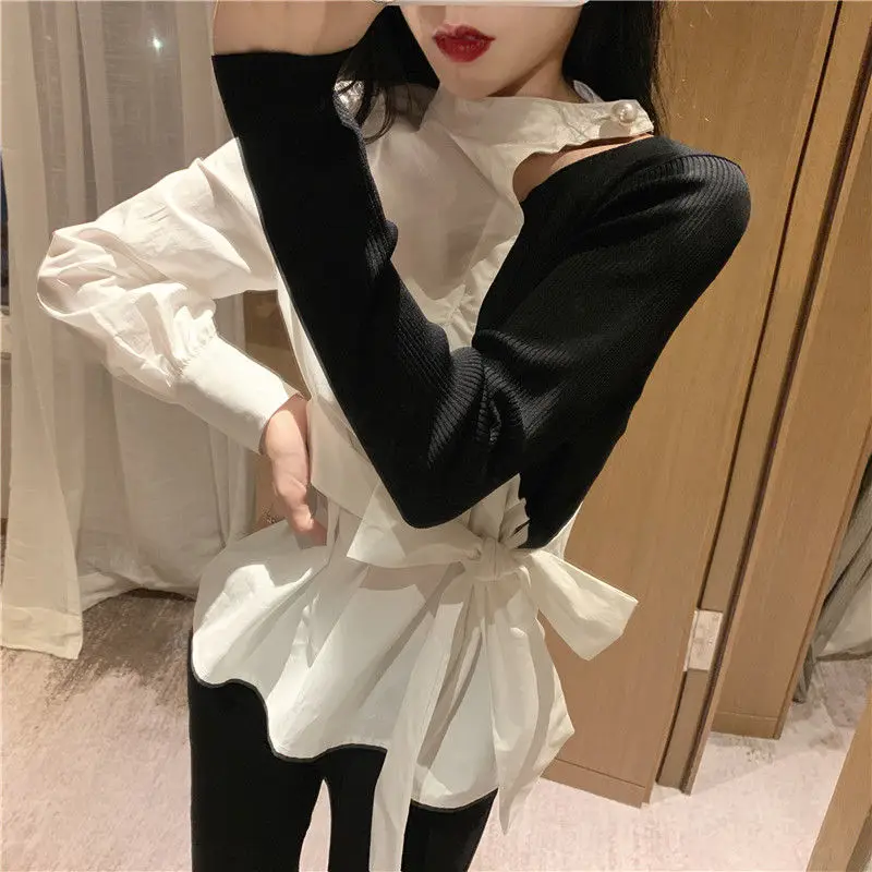 Hollow Out Shirts Women Korean Style Lace-up Bow New Trendy Halter Niche Design Ladies Spring All-match Patchwork Simple Fit