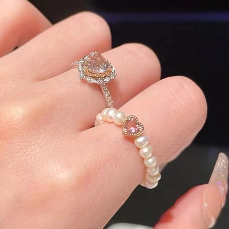 Women's Silver Color Imitation Pearl Heart Adjustable Ring