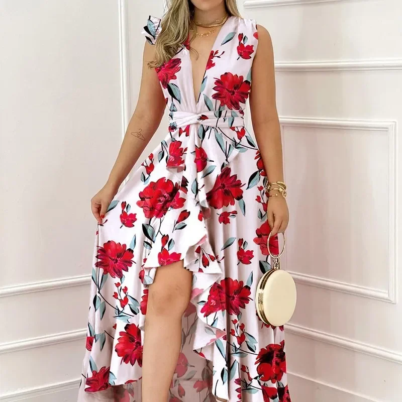 

Elegant Banquet Style Spring Sleeveless Split Style Sling Style Long Summer Commuting High Waist Design Sense New Printed