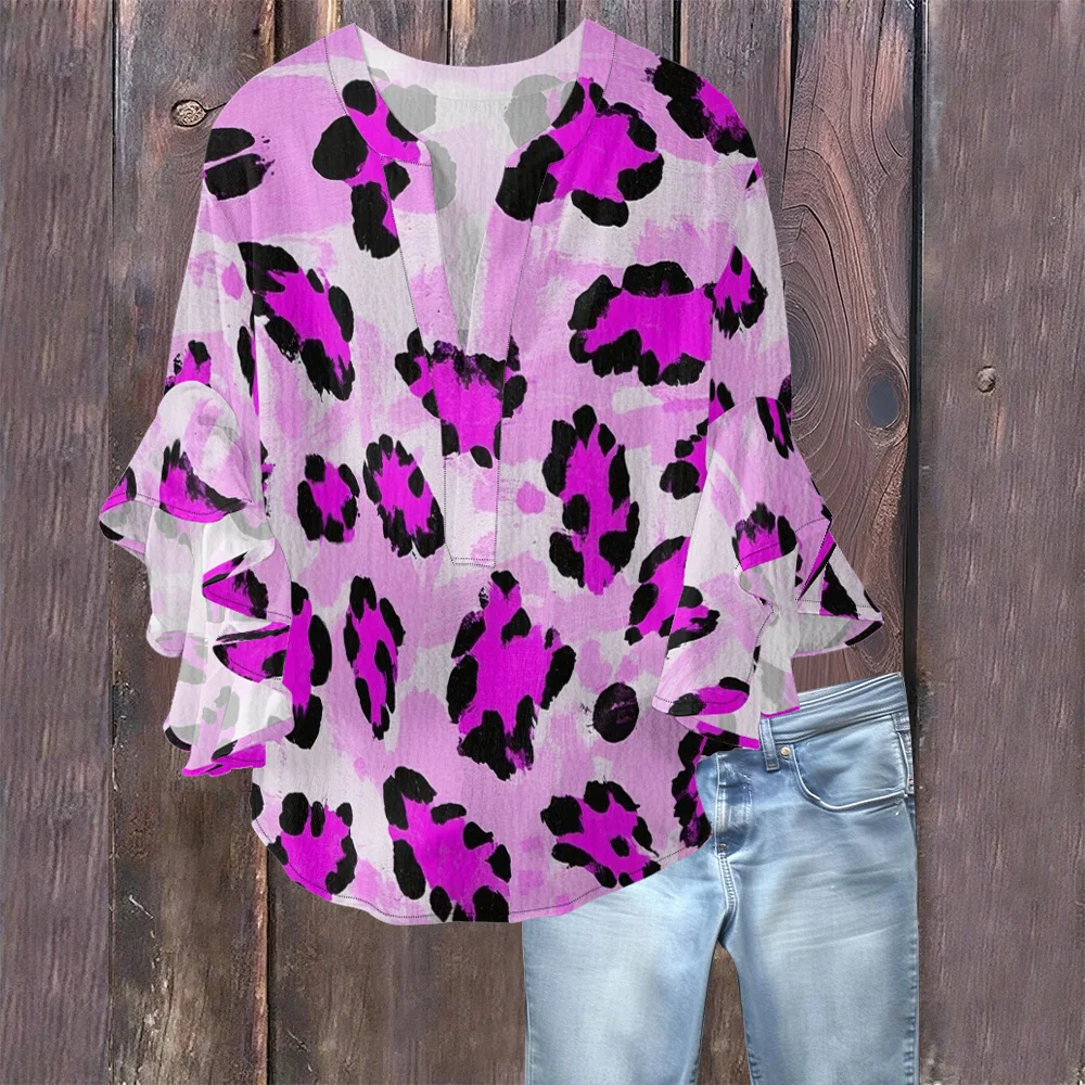 

Шикарная розовая женская блузка с животным принтом, леопардовый топ с v-образным вырезом и рюшами и воланами, милая уличная одежда Y2K, стильная повседневная одежда