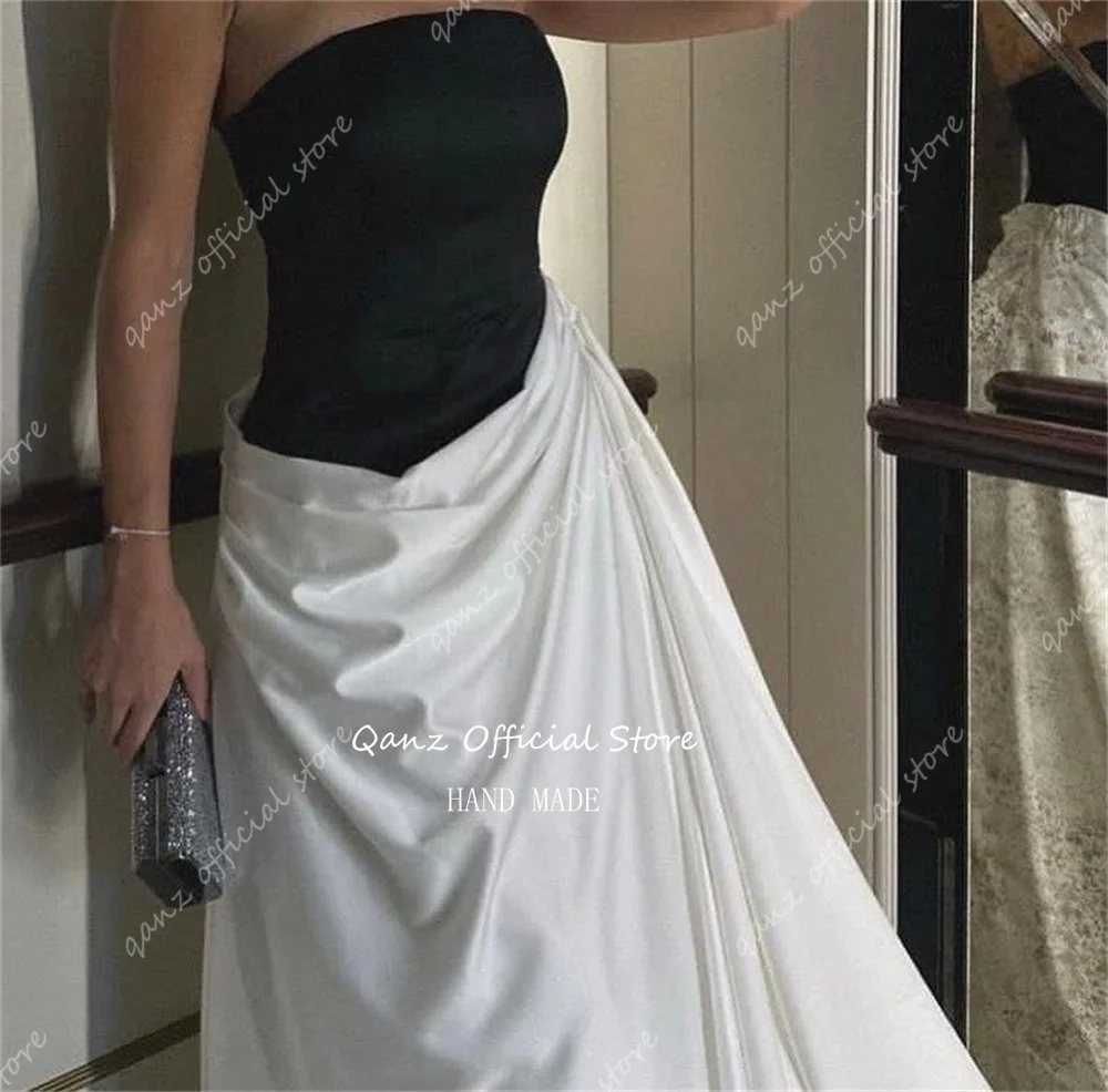 Qanz Vintage Saudi Arabic Evening Dresses Strapless Black and White Prom Gown Floor Length Formal Occasuon Dresses Customized