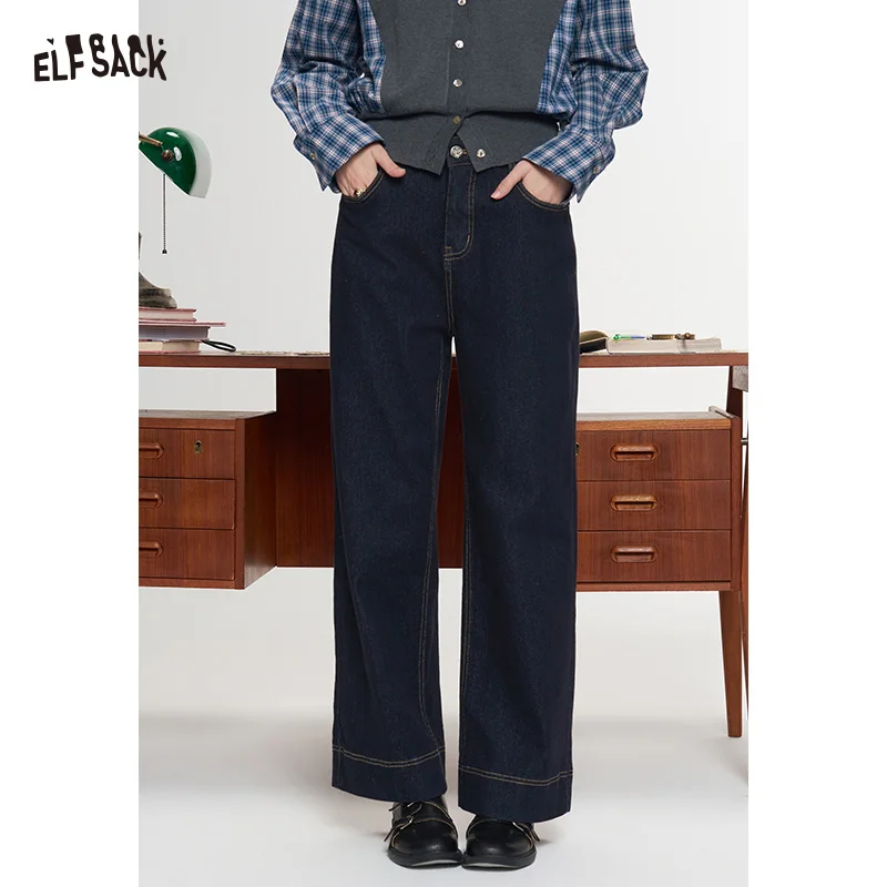 ELFSACK Women's Casual Jeans with Straight Cigarette Fit, Dark Blue Slim Pants for Everyday Outdoor Wear