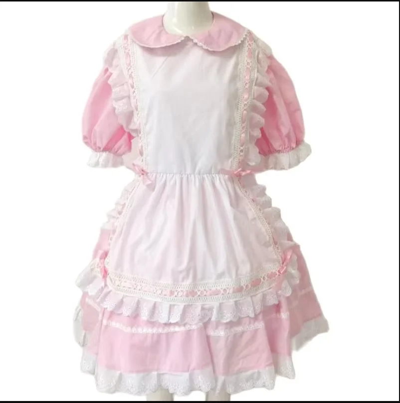 

Adult Giant Baby Sexy Girl Pink Dress with White Edge Apron Sissy Japanese Maid Gothic Role-playing Customization